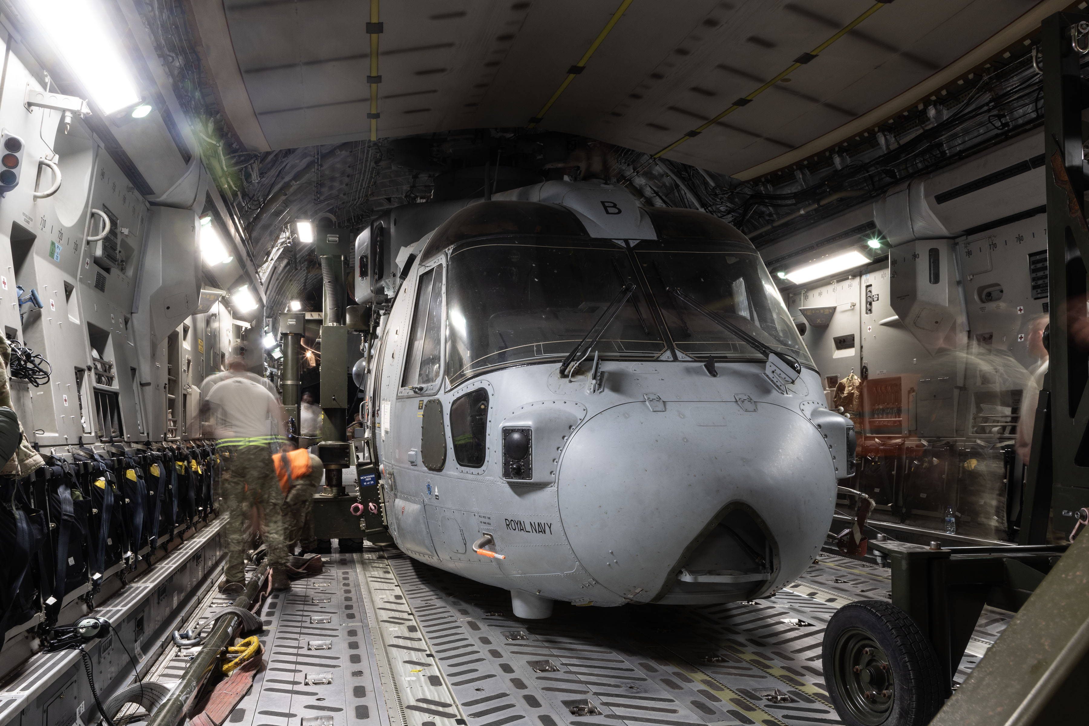 Photo - A view from inside the RAF Globemaster aircraft's cargo bay, with the Merlin having been loaded